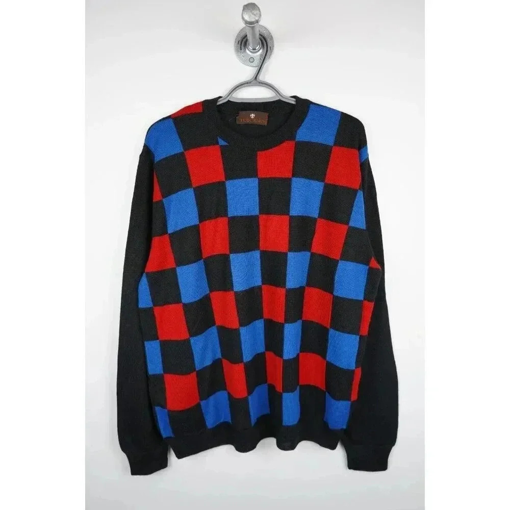 Vintage Sweater Red/Blue Checkered 90s Colorblock Knit L | Item #673